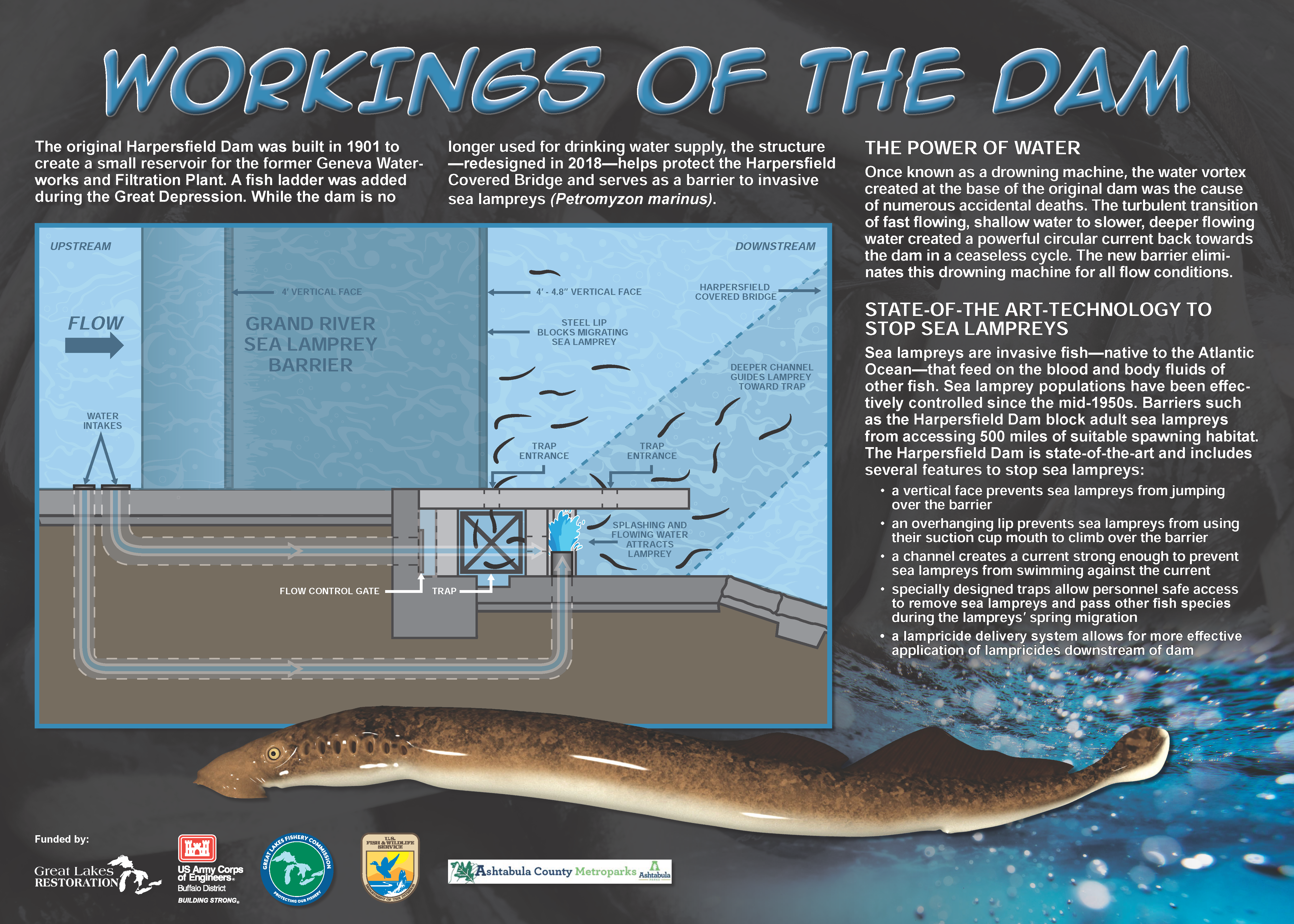A photo of a sign with a sea lamprey and dam schematic